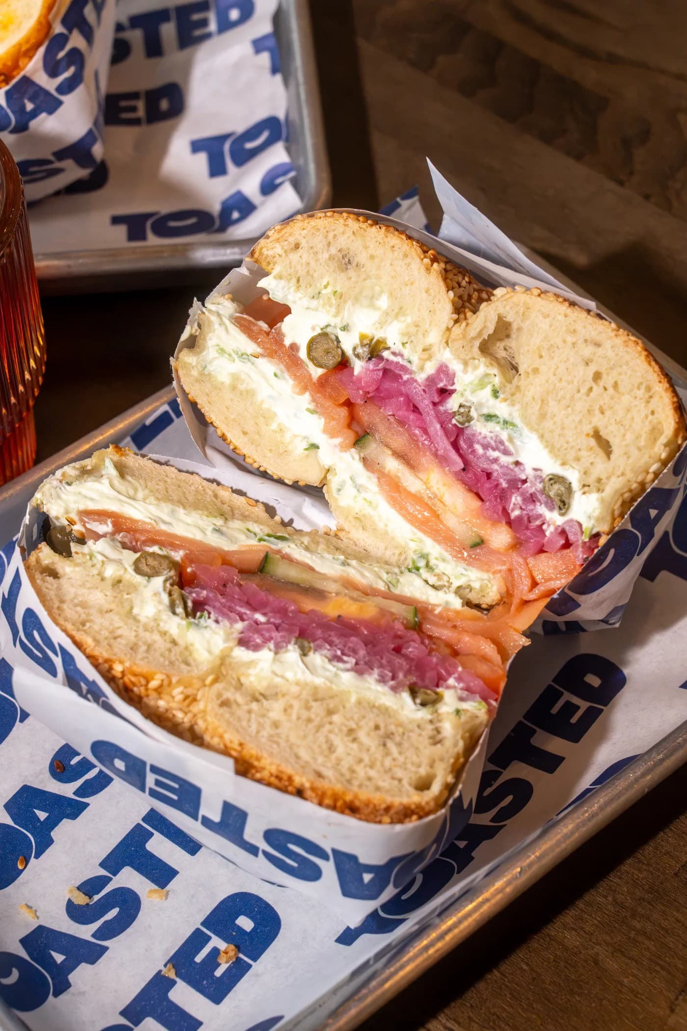 A fresh TOASTED lox bagel sandwich